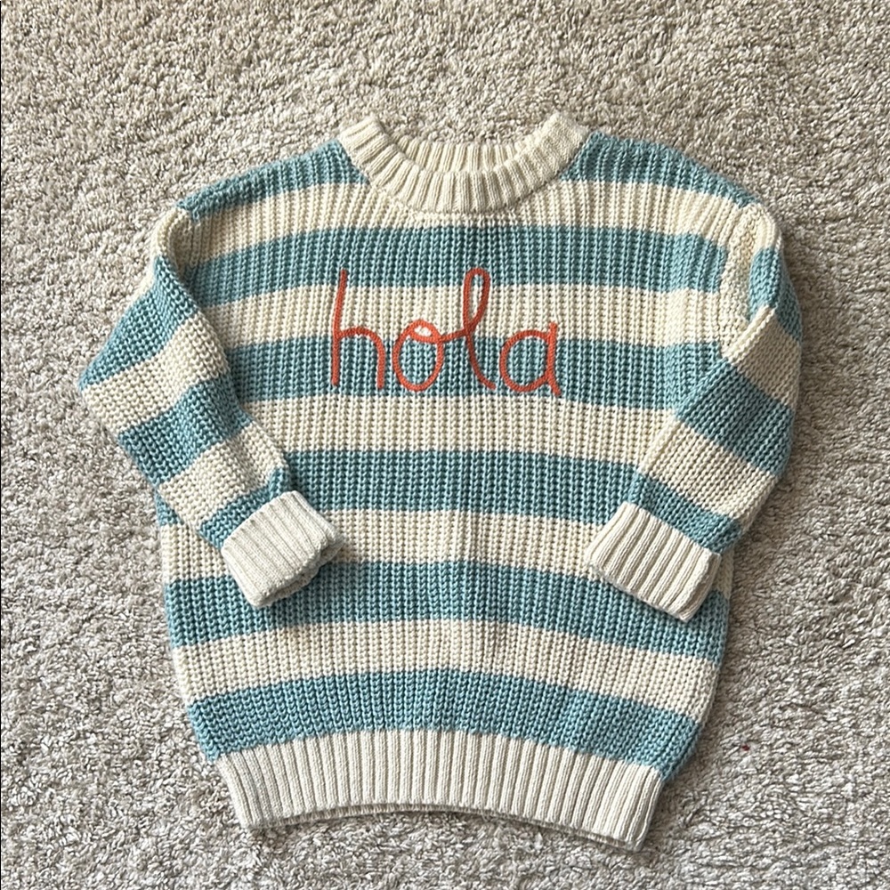 Kids Blue and Cream Striped Sweater with 'Hola' Design